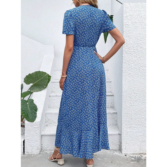 boho Floral Print Ruffle Hem Belted maxi Dress red - Picture 4 of 11